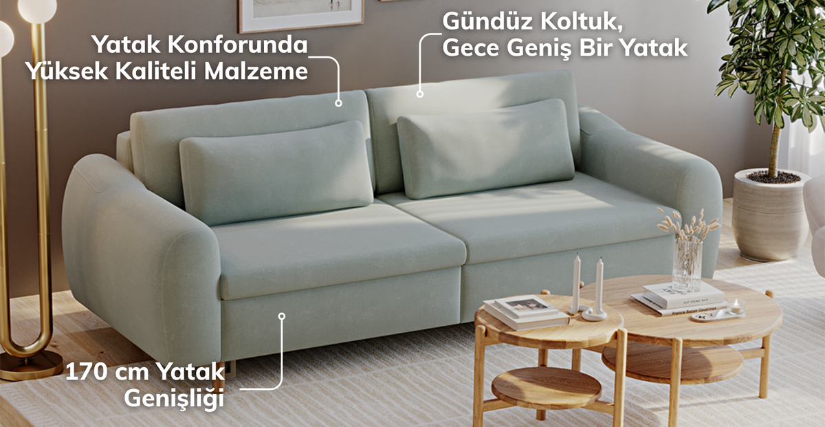 Nyra Yataklı Üçlü ve Klem Slim Tekli Koltuk Takımı - Doğal Doku & Kadife